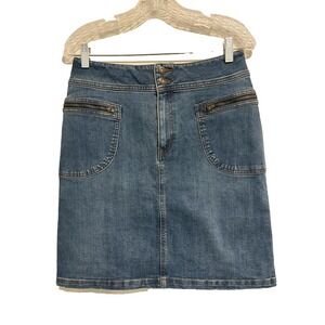 prAna Blue Denim Short Skirt~ 10~Retro 90s‎ Zipper Patch Pockets Organic Cotton